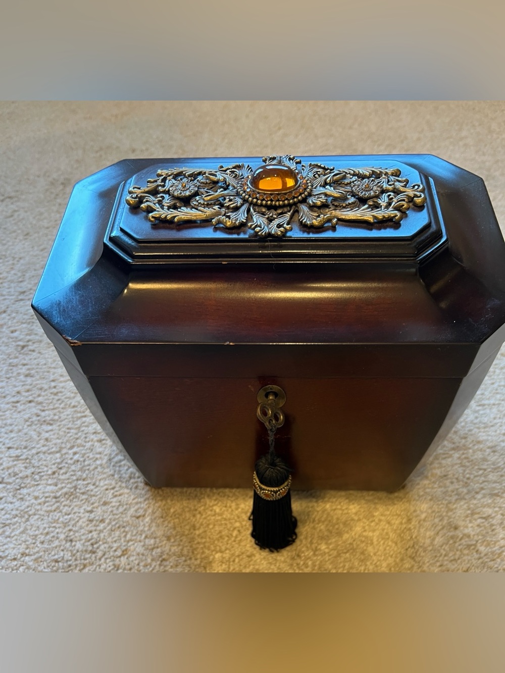 Bombay Wooden Jewelry Box 2002 with Removable Tray & Key - Jewel Embellished